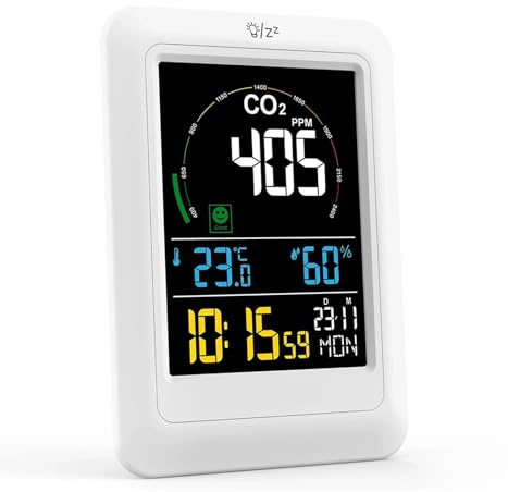 Rilevatore di gas, Monitor a qualità 'aria 5 in 1, misuratore di CO2, rilevatore anidride carbonica in tempo reale, umidità e temperatura digitale,per casa e camper(C1 White)
