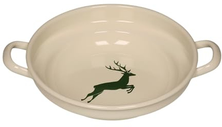 Riess, 0219-072, Bauernschüssel flach 24 2,00 L, COUNTRY - HIRSCH GRÜN, Durchmessser 24 cm, Höhe 6,5 cm, Inhalt 2 Liter, Emaille, Farmerschüssel, beige mit grünem Hirsch, Induktion