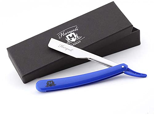 Haryali London Mens Traditional Folding Barber Shaving Razor/Professional Straight Cut Throat Razor in Blue Handle Comes in Designer Box + Leather Pouch