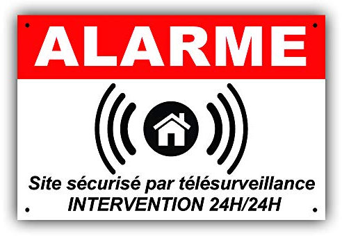 Panneau de dissuasion ALARME en PVC + 4 trous pour fixation avec texte : Site sécurisé par télésurveillance - Intervention 24H/24H ARB (150 x 100 mm)