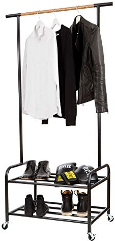 LOVE IT STORE IT Loft Kleiderständer auf Rollen - Garderobe mit 1 Kleiderstange und 2 Ablagen im Industrial Style - Stabil - Schwarz/Holz-Optik | Kleiderstange mit 2 Ablagen auf Rollen, Ideal für Flur und Schlafzimmer im Industrial Style, 91 x 52,2 x 173 cm