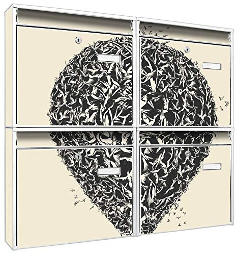 banjado Briefkastenanlage 4 Fach - Postkästen groß - verzinkter Stahl weiß DIN A4 Motiv Lift - Briefkasten Set 4 Briefkästen Namensschild, 2 Schlüssel, Montagematerial