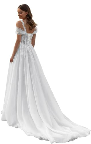 Beyonddress Robe de mariée en tulle élégante pour femme avec dentelle, longue, avec paillettes, col en V, pour mariage, manches longues, Blanc 06, 46