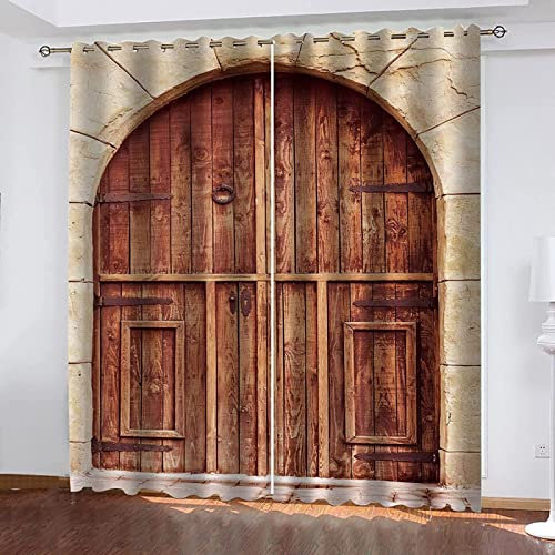 Vorhang Blickdicht Alte Holztür Gardinen mit Ösen 3D Muster Landleben Bauernhof Blickdichte Vorhänge Thermovorhang Kälteschutz Verdunklungsvorhänge für Wohnzimmer Schlafzimmer 2er Set 140x145 cm（BxH)