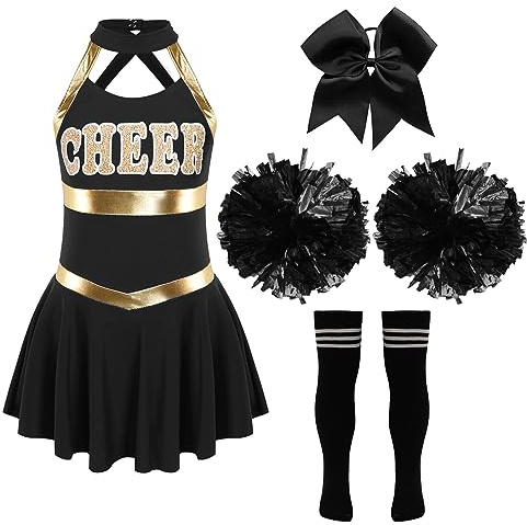 iiniim Mädchen Cheer Leader Kostüm Set Ärmellos Cheer Kleid mit Pompoms Socken Cheerleading Uniform Schule Feiertag Show Tanzkostüm A Schwarz&Weiß 122-128