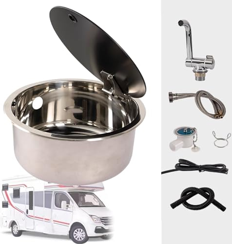 TRUNXUCL Camping Wohnmobil Reisemobil Spüle mit klappbarem Wasserhahn und Deckel, Camper-Einbauwaschbecken aus Edelstahl, Handwaschbecken-Set für Wohnwagen, Yacht, Küche, Bar (Color : Round)
