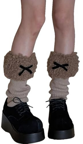 Sexybody Damen Gestrickte Steigbügel-Beinstulpen Pelzig Fuzzy Fleece Trim Stiefel Manschetten Beinwärmer Niedlich Fußlose Schleife Stiefel Socken, 902 Braun, Einheitsgröße