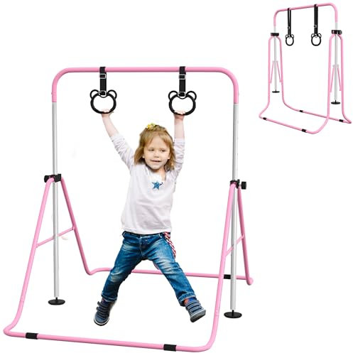 HOMCOM Kids Gymnastics Bar, Horizontal Bar for Kids, Adjustable Height Folding Gymnastics Equipment with Rings, Non-slip Rubber Floor Rings, for Home, Flat, Pink