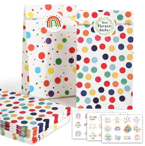 30 Stück Bunte Dankeschön Papiertüten Geschenktüten mit 3 Blättern Aufkleber Candy Tüten zum Verpacken von Geschenken für Hochzeit Kinder Party Geburtstag