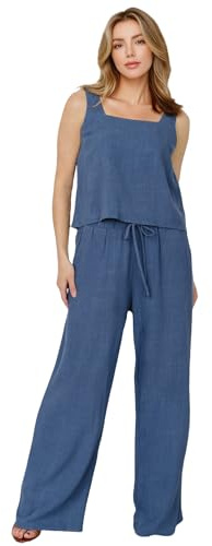 FUNSEED Ensemble deux pièces pour femme, débardeur court sans manches et pantalon à jambes larges, survêtement d'été décontracté et étroit, bleu, Medium