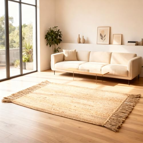 FURNISHFUL FINESSE Jute-Teppich, handgewebt, wendbar, Boho – 60 x 91 cm | Handgewebt aus 100% Jute; natürliche Boho-Optik; wendbar; ideal für Wohnzimmer, Schlafzimmer und Küche.