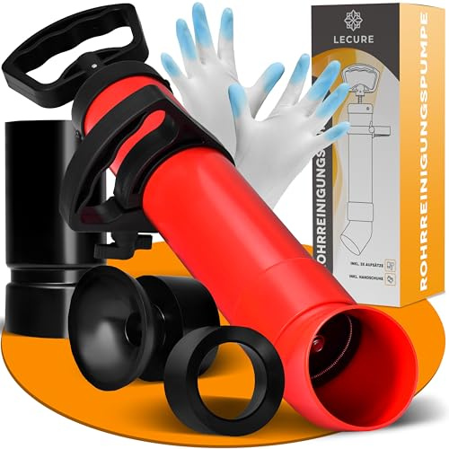 LECURE® Rohrreinigungspumpe [Inkl. 3x Aufsätze] - Effektive Abflusspumpe für Rohrreinigung inkl. Handschuhen und 3 Abfluss-Adaptern für Dusche, Toilette, Spüle & Co.
