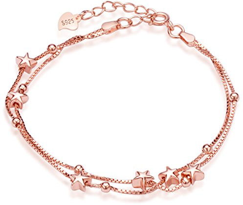 Unendlich U Elegant Sterne Damen Strangarmband 925 Sterling Silber Charm-Armband Armkette Verstellbar Armkettchen Armreif, Rosegold