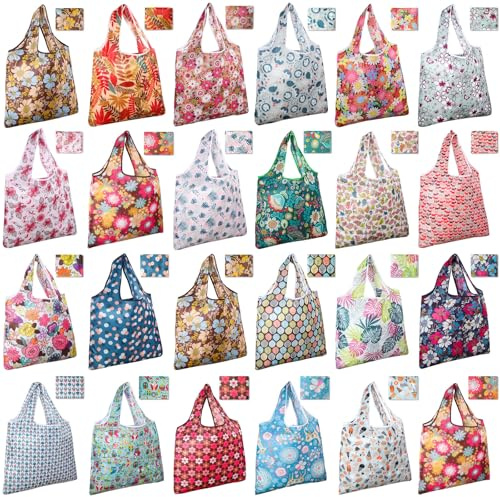 Eccliy 24 Pieces Reusable Grocery Bags Polyester Shopping Bags for Groceries Multi Colors Reusable Foldable Shopping Tote(Flower Style)