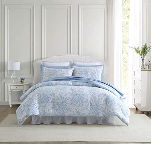 Laura Ashley Cotton Reversible Bedding Set with Matching Sham(s), Farmhouse Home Décor, Bedford Blue, King