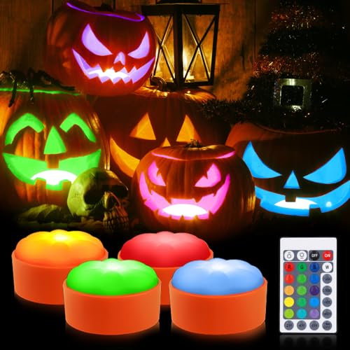 BNGXR Halloween LED Kürbis Lichter, 4 Stück Jack-O-Lantern-Licht mit Fernbedienung und Timer, Batteriebetriebene Flammlose Kerzen Flackernde Licht für Halloween-Party, Outdoor-Dekoration