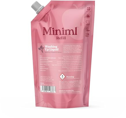 Miniml Eco Washing Up Liquid 1L Refill Rhubarb & Lemon Skin Sensitive Friendly Dish Wash Cleaner Plant Based Vegan Cruelty Free Natural Cleaning Products (100 Washes)