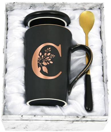 Joymaking Tazza personalizzata con lettere, tazza da caffè con motivo floreale, nome iniziale, regali personalizzati, tazza da caffè per donne e amiche, C - 400ml Nero