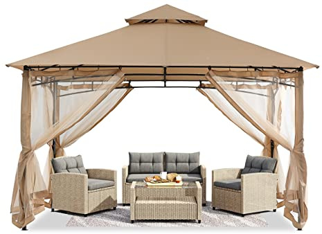 ABCCANOPY Paviljonger med nät för terrasser, dubbelt tak, mjuk baldakin, trädgård, paviljong för skugga och regn, 3 x 3,6 m, beige