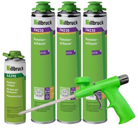 FM230 Bauschaum Fenster und Fassadenschaum PLUS, bis zu 30% flexibel, Montageschaum Fensterschaum hohe Schalldämmung Wärmedämmung 750ml Kombisets (mit Reiniger AA290 + Schaumpistole Illbruck, 3x)