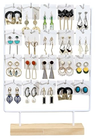Tibapla Expositor de Pendientes con 15 Ganchos Metal Soporte de Pendientes con Base de Madera Estante de Presentación de Joyería para Tarjetas de Pendientes