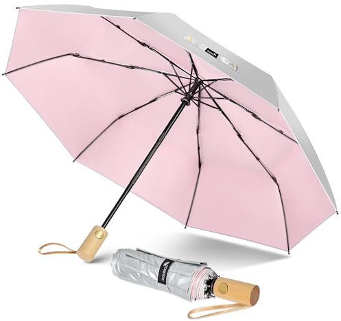 ZOMAKE Regenschirm Kompakt UV Schutz,Sonnenschirm Tragbar Automatik Für Herren Damen,Klein Taschenschirm Sturmfest Stabil Mit Holzgriff(Silber Rosa)