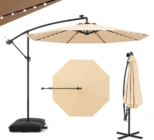 GOPLUS Parasol de Jardin Extérieur avec Pied, Parasol Déporté 3x3M, avec 40 Lampes Solaires, Toile Inclinable, Manivelle, 8 Baleines, Anti-UV, pour Terrasse Cour Patio (Beige)