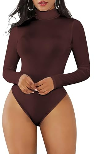 Joyshaper Mujer Body Manga Larga Cuello Alto Elegante Corte Ajustado Camisa Bodysuit Blusa Top Cuello Tortuga, marrón, M