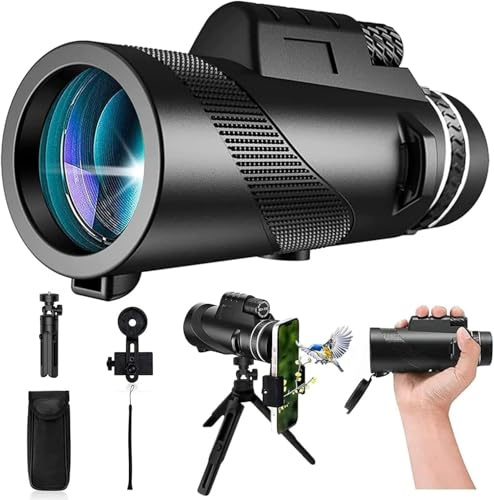 Monokular Fernglas 12x50 HD Teleskop Fernrohr für Erwachsene mit Handyhalterung & Stativ – Handteleskop Kompakt & Leicht & Wasserdicht für Outdoor Jagd Vogelbeobachtung Wandern Camping Konzert
