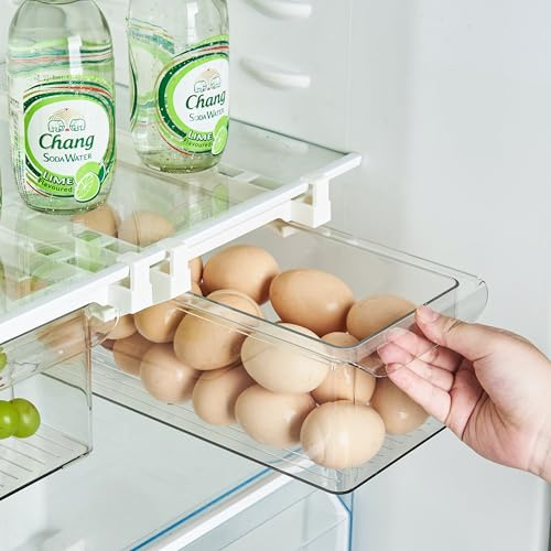 Adjustable Fridge Drawer Storage Bins with Slide Rail, Under Shelf Refrigerator Organiser Drawers for Fruits, Vegetables,eggs (Small)