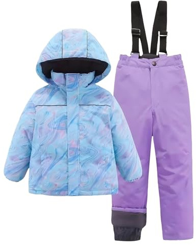 Tuta da neve per bambini con grazioso piumino con cappuccio e pantaloni isolati da neve, set invernale da 2 pezzi, impermeabile, antivento, tuta da sci per clima freddo e pioggia, Blu, 6-7 Anni