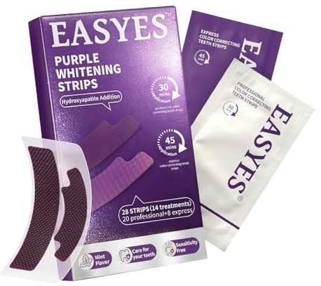EASYES Purple Teeth Whitening Strips, Color Correcting White Kit, Peroxide-Free with Hydroxyapatite, Express & Professional Strips, Enamel Safe for Sensitive Teeth, Tooth Stain Remover (28 Strips)