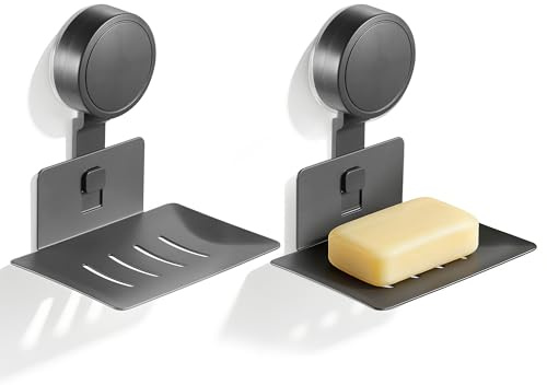 Zocipro 2-pack tvålkopp med sugkopp för dusch, väggmonterad tvål- och svamphållare i aluminium med dränering, max grepp 3 kg för dusch, badrum, handfat och kök, borrfri (grå)