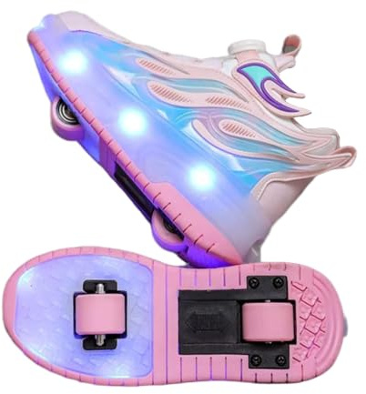 JJDFW Barn dubbla hjul indragbara rullsneakers med LED-lampor, nätöverdel med flamdesign, vridlåsstängning, mitten topp tjock sula för promenader och skridskoåkning, rosa blå röd lila