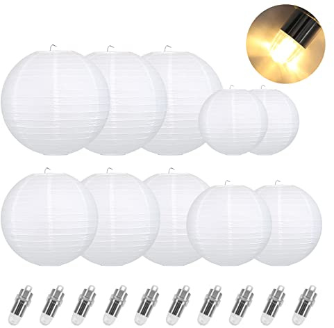 Encham 10 Stück Papierlaterne Weiß Lampions mit 10 Stück Warmweiß mini LED-Ballons Lichter Papier Laterne Lampenschirm für Hochzeit Party Geburtstage Dekoration…