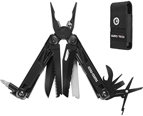 Swiss+Tech Alicate Multiuso 16 en 1, Navaja Multiusos de Acero Inoxidable, Multiherramienta Alicate Plegable Color Negro, Multifunción con Alicates, Navaja, Sierra para Acampada, Senderismo, etc