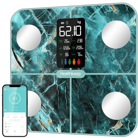 Healthkeep Bilancia per il Grasso Corporeo con Massa Muscolare, 15 Dati del Corpo con Analisi del Grasso Corporeo, Smart Bilancia con APP, Ampio Display VA, Verde Iridescente