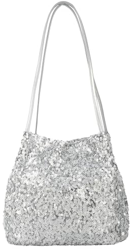 Meliyya Beuteltasche Pailletten Schultertasche Glitzer Shopper Tote Bag Glänzende Umhängetasche für College Party Alltags, Silber