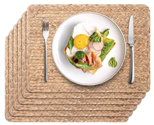 Woven Placemats Set of 6, 17 x 12 Rattan Table Mats, Natural Water Hyacinth Chargers for Dinner Plates, Wicker Placemats for Dining Table, Home, Wedding