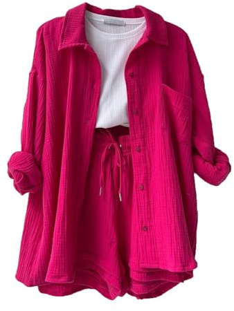 Pzuryhg Estivo da Donna in 2 Pezzi - Set in Mussola con Camicia Top con Bottoni e Pantaloncini - Abbigliamento Estetico Streetwear da Casa