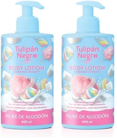 Tulipán Negro Loción Corporal con dosificador Nube de Algodón, máxima hidratación 400 ml, intensamente perfumado y para todo tipo de pieles (Paquete de 2)