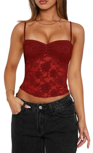 Acrawnni Women's Y2K Lace Cami Tops Sleeveless Spaghetti Strap Sexy Mesh See Through Crop Camisole Backless Bustier Going Out Tops (A-Red, S)