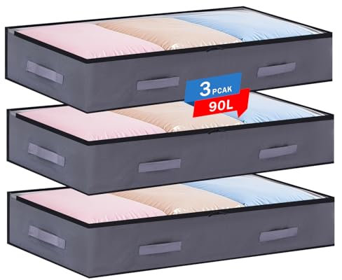 Boic 3 Pezzi Contenitori Sottoletto Pieghevole,90L Contenitore Sottoletto Con Maniglia Rinforzata, Scatole Portavestiti Con Finestra Trasparente Scatole Per Armadio Salvaspazio per Asciugamani,Vestiti