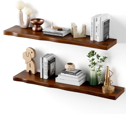Avytronx Wavy Edge Floating Shelves with Hidden Brackets,2 Pack 36 in | Walnut Finish Wall Shelves,Jointed Solid Pine Construction,Rustic Wall Decor for Living Room & Bathroom