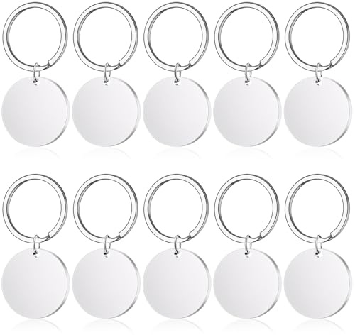 10 stycken rostfria hängsmycken tomt, 25 mm runda stansade ämnen, stansande tomma hundmärken med nyckelring, för nyckelringar, identitetsbrickor, bagageetiketter, för gravering