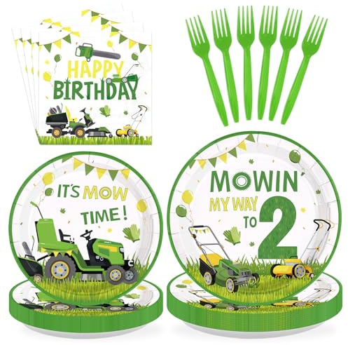 Greencian 96Pcs Lawnmower 2nd Birthday Party Decoration Lawn Mower Happy 2nd Birthday Plates and Napkins Green Tractor Disposable Paper Tableware Set for Boys Farm Themed Party Supplies Serves 24