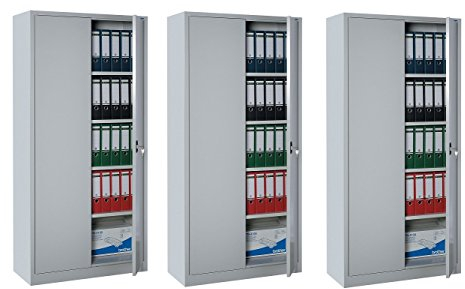 3X Flügeltürenschrank komplett montiert grau 180x80x38,3cm Metallschrank abschließbar Lagerschrank Aktenschrank 530330 für Büro, Werkstatt etc.