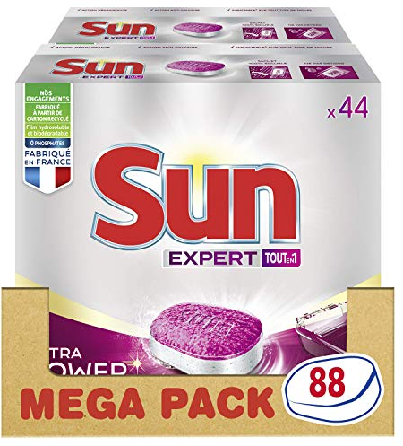 Sun Tablettes Lave-Vaisselle Tout-En-1 Expert Power, Efficace contre les taches incrustées, Fabriqué en France, 88 Lavages (Lot de 2x44 Lavages)