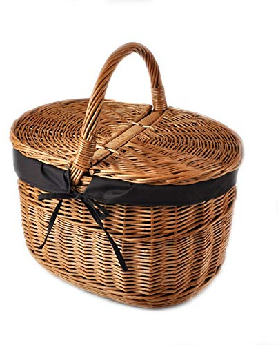 MyBer® Korb Picknickkorb Tragekorb Einkaufskorb mit 2 Deckeln Weidenkorb Vollweide geflochten braun mit Stoffeinlage K12-027-SS