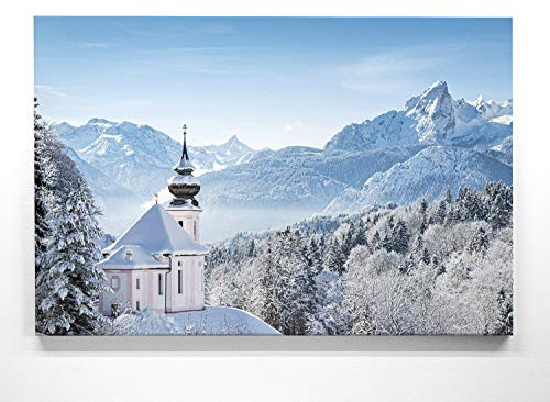 BilderKing Traumhafte Winterbilder im Groß-Format 120x80cm, Kirche im Winter - als großes XXL Leinwandbild. Wandbild als Hintergrund und Deko für Wohnzimmer & Schlafzimmer. Aufgespannt auf Holzrahmen